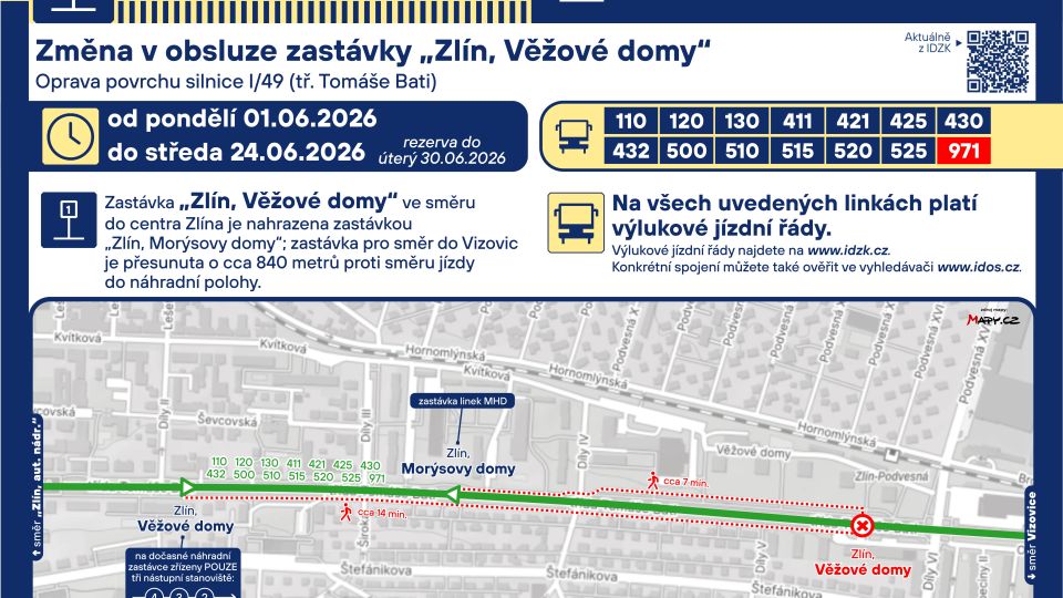 Změna v obsluze zastávky "Zlín, Věžové domy"